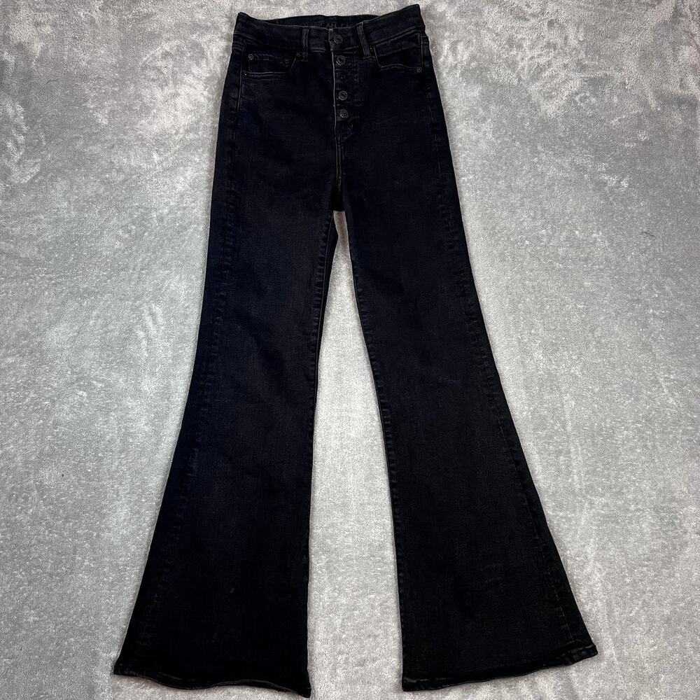 American Eagle High Rise Flare Jeans Womens 2 Black Button Fly Stretch Denim